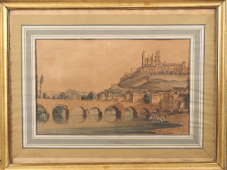 Vente aux enchères Gravure réhaussée XIXème.  "lavandières près du vieux pont à Béziers"