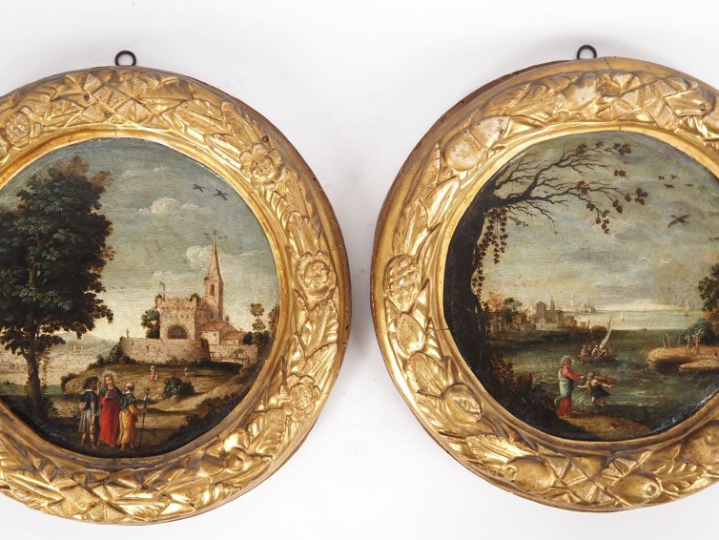 Ecole italienne vers 1650.  "Paysages animés"  Paire d'huiles sur toil