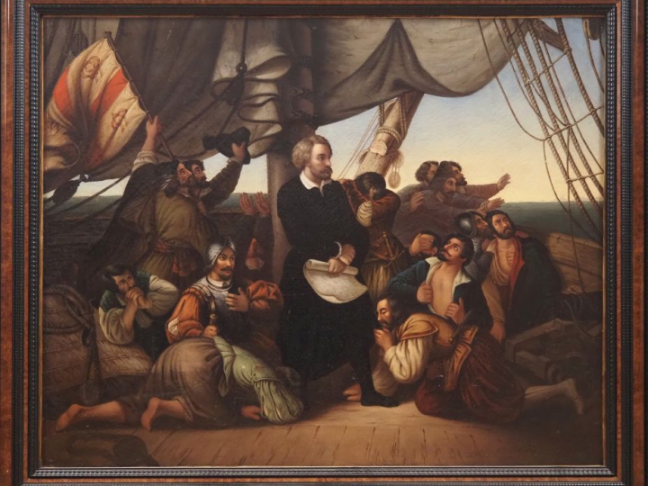 Ecole XVIIème.  "Navigateur du siècle d'or et ses marins".  Huile sur 