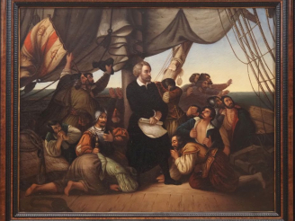 Vente aux enchères Ecole XVIIème.  "Navigateur du siècle d'or et ses marins".  Huile sur 
