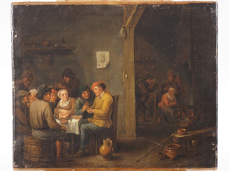Vente aux enchères Ecole française XVIIIème, TENIERS (d'après). "Scène de taverne" Huile 