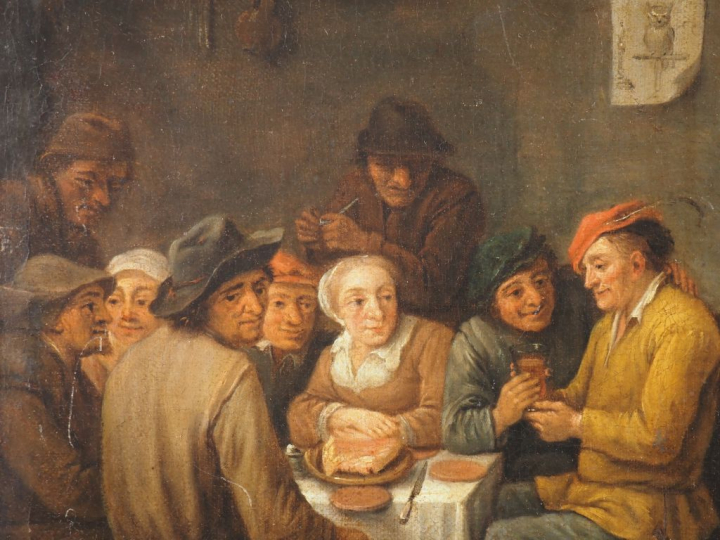 Ecole française XVIIIème, TENIERS (d'après). "Scène de taverne" Huile 