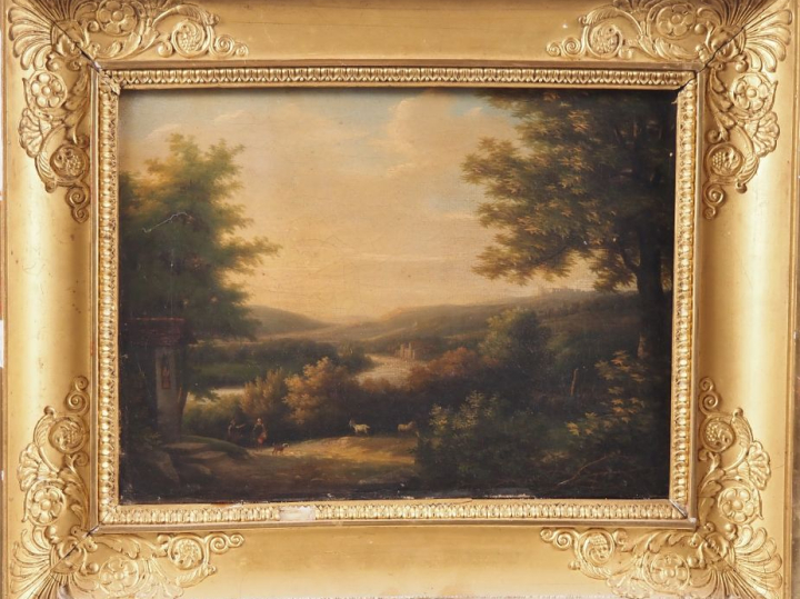 Ecole française début XIXème.  "Paysage animé" Huile sur toile Dim. 24