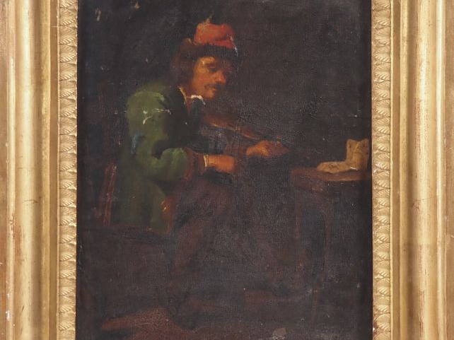 Ecole du Nord XIXème. "musicien" Huile sur panneau Dim. 21,5 x 17 cm (