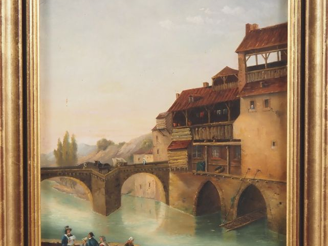 Ecole française XIXème.  "Village animé" Huile sur toile  Dim. 40,5 x 