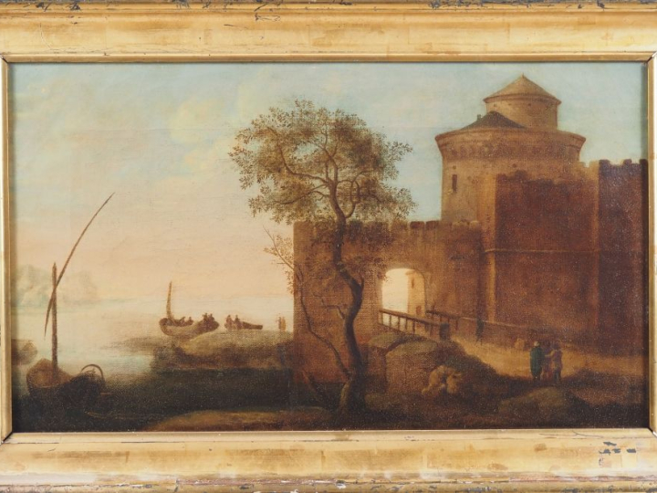 Ecole française XIXème.  "paysage lacustre animé à la tour" Huile sur 