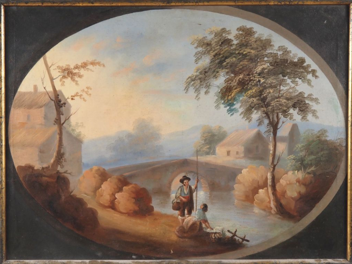 Ecole française XIXème.  "lavandière et jeune paysan près d'un pont" H