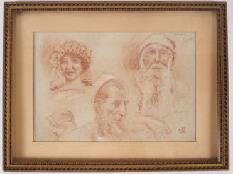Vente aux enchères Ecole orientaliste. "Etude de visages, type juif marocain" Dessin à la