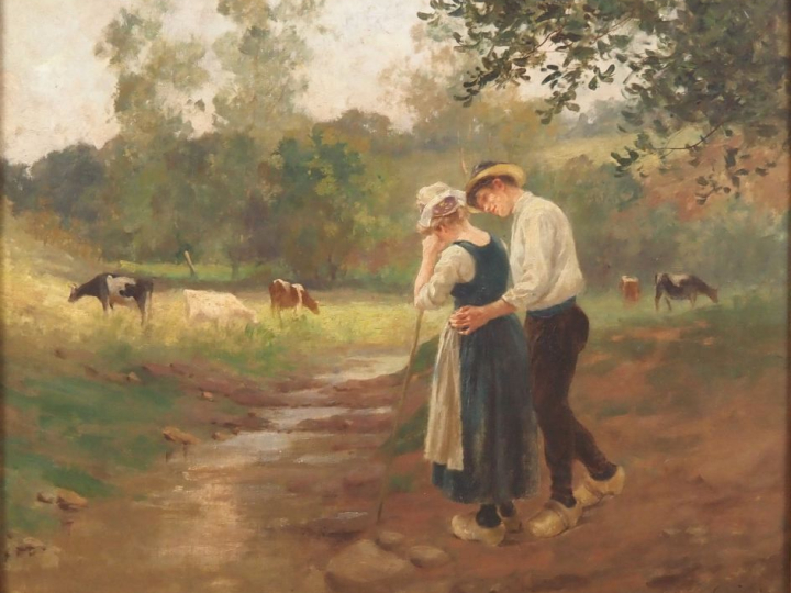 E.  LAHITTE.  "jeunes paysans et leur troupeau"  Huile sur toile, sign