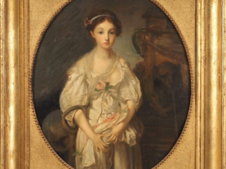 Vente aux enchères Ecole française XIXème.  "portrait de jeune fille près d'une fontaine"
