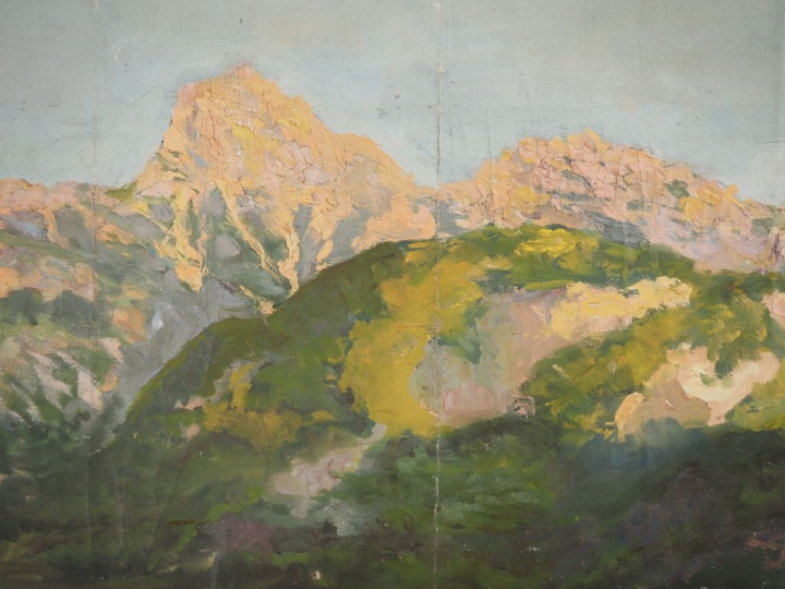 Mario CAVAGLIERI.  "Les Dolomites"  Panorama, huile sur toile, signée 