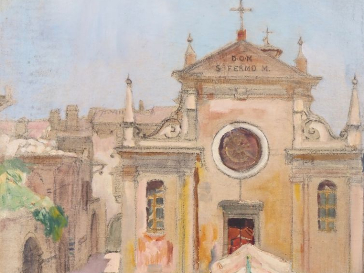Mario CAVAGLIERI.  "Bologne"  Huile sur toile Circa 1922 (réentoilée) 