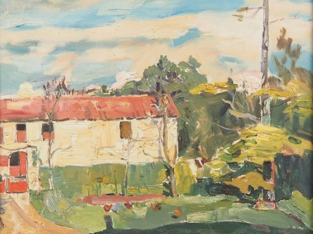 Mario CAVAGLIERI.  "Maison au soleil" Huile sur toile, signée en bas à