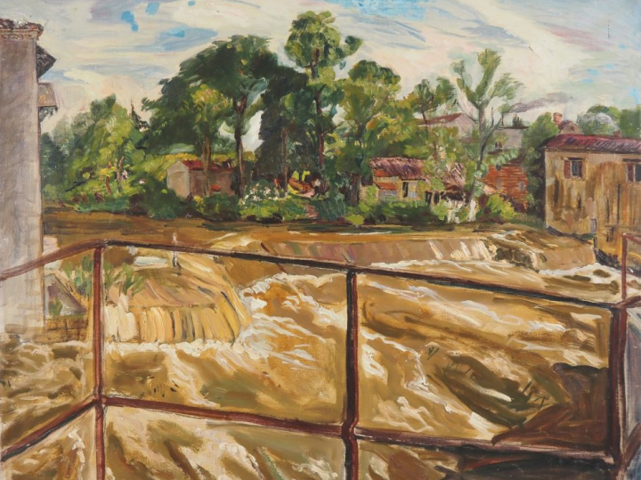 Mario CAVAGLIERI.  "Digue sur le Gers"  Huile sur toile, signée en bas