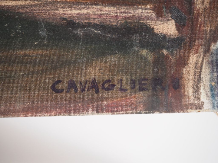 Mario CAVAGLIERI.  "Digue sur le Gers"  Huile sur toile, signée en bas