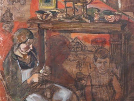 Mario CAVAGLIERI.  "scène d'intérieur mère et enfant" Huile sur toile,