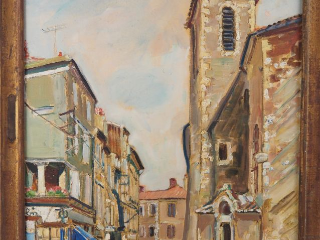 Mario CAVAGLIERI.  "Auch, l'église de st Orens" Huile sur toile signée