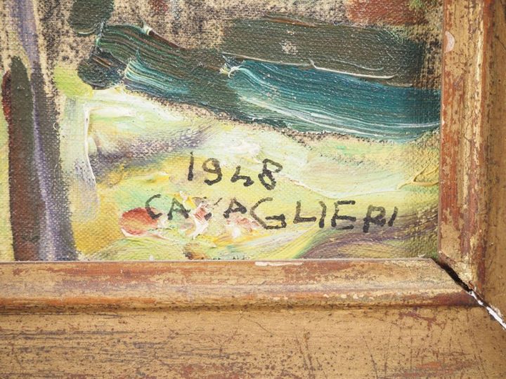 Mario CAVAGLIERI.  "la cascade à travers les arbres" Huile sur toile, 