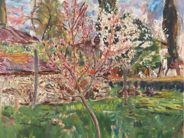 Mario CAVAGLIERI.  "Arbres en fleurs" Huile sur toile, signée en bas à