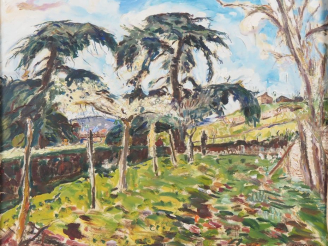 Vente aux enchères Mario CAVAGLIERI.  "Le parc à Pavie" Huile sur toile, signée en bas à 
