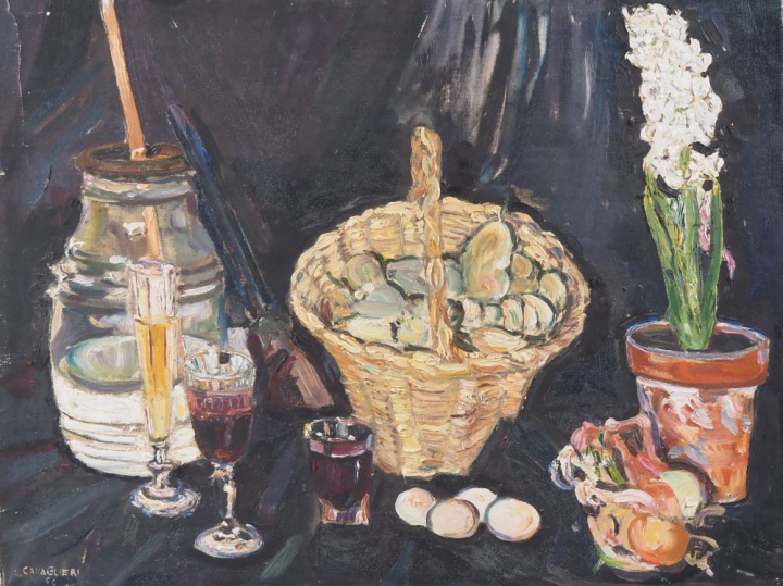 Mario CAVAGLIERI.  "nature morte au verre de vin" Huile sur toile, sig