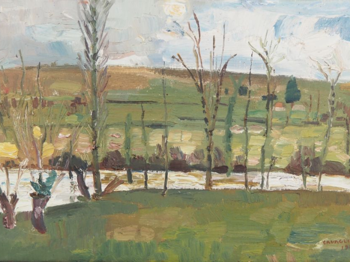 Mario CAVAGLIERI.  "Paysage à la rivière" Huile sur toile, signée en b