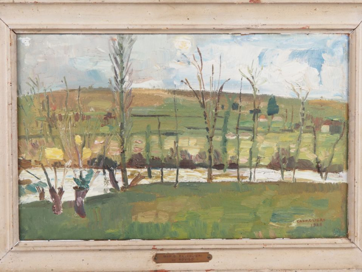 Mario CAVAGLIERI.  "Paysage à la rivière" Huile sur toile, signée en b