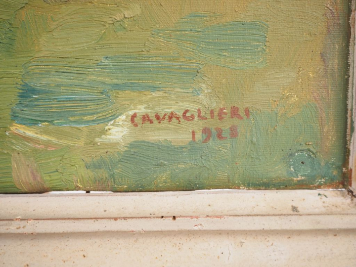 Mario CAVAGLIERI.  "Paysage à la rivière" Huile sur toile, signée en b