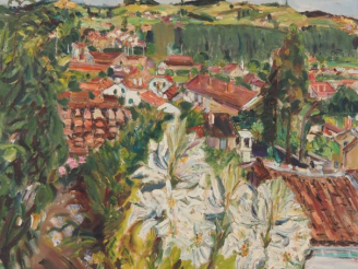 Vente aux enchères Mario CAVAGLIERI.  "Lys au jardin avec Auch en arrrière plan" Huile su