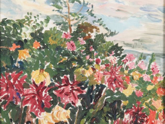 Vente aux enchères Mario CAVAGLIERI.  "massif de dalhias" Huile sur toile, signée en bas 