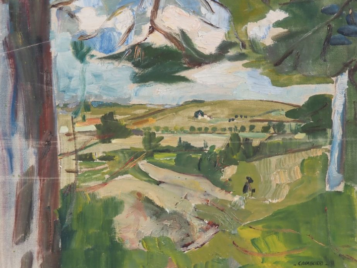 Mario CAVAGLIERI.  "Vue sur les coteaux"  Huile sur toile, signée en b