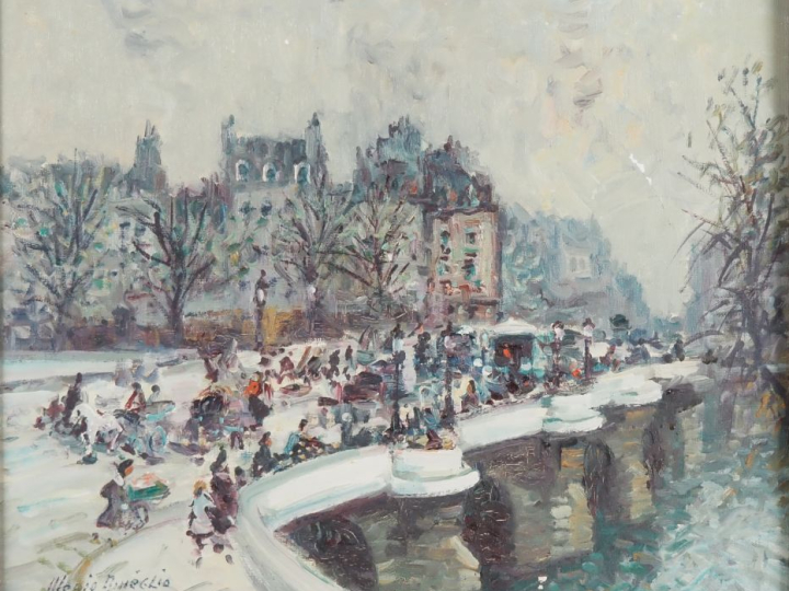 Mèrio AMEGLIO.  "le pont neuf à Paris" Huile sur toile, signée en bas 