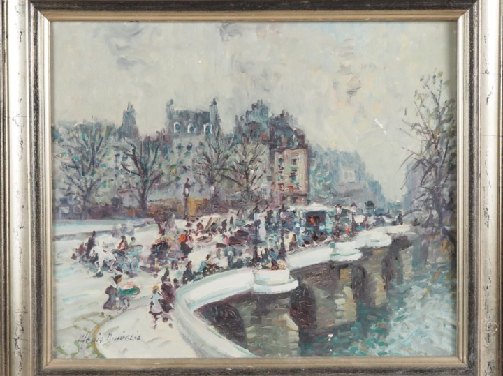 Mèrio AMEGLIO.  "le pont neuf à Paris" Huile sur toile, signée en bas 