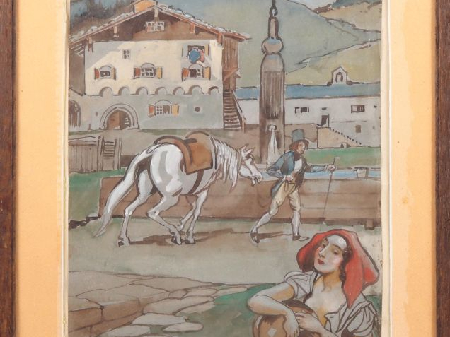 BAC.  "Maison de notable dans l'Engadine" Gouache, signée en bas à gau