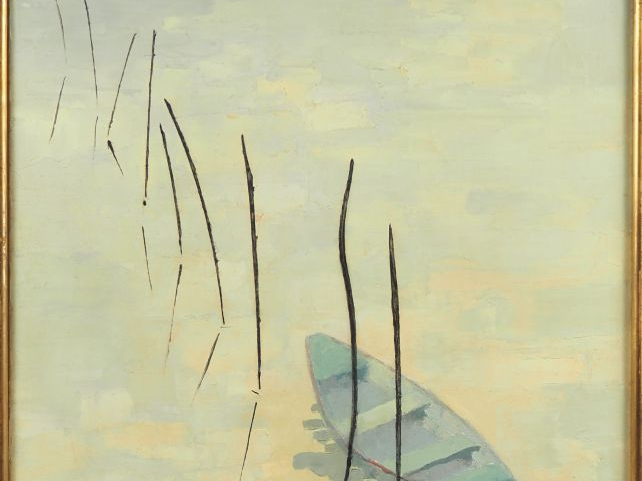 Jacques BROTIER.  "Barque et brume" Huile sur toile, signée en bas à g