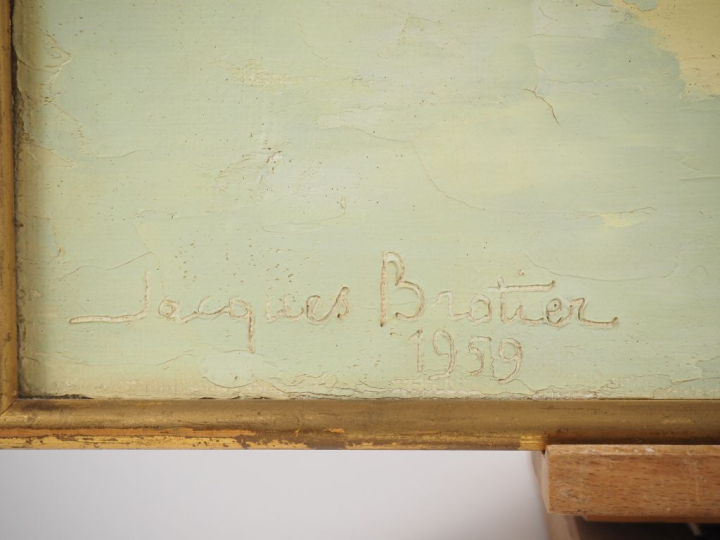 Jacques BROTIER.  "Barque et brume" Huile sur toile, signée en bas à g