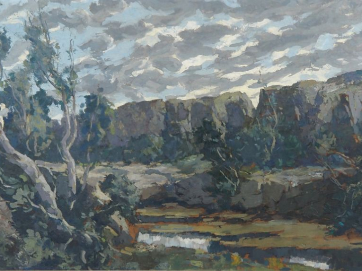 BROUILLARD.  "paysage" Huile sur panneau, signée en bas à droite  Dim.