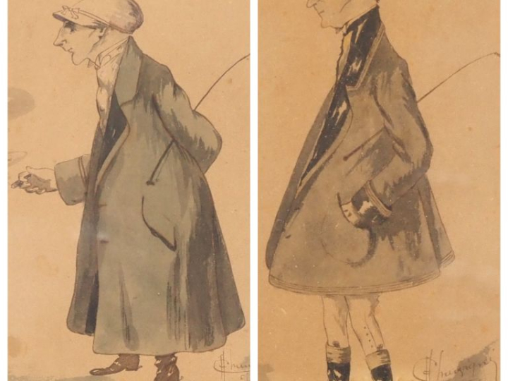 CHAMPIGNY.  "Caricatures" Paire d'aquarelles, signées en bas à droite 