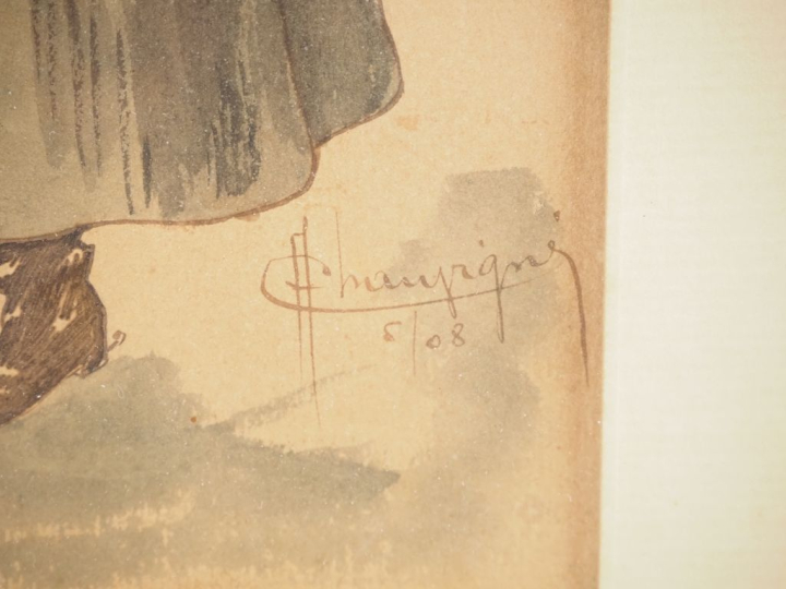 CHAMPIGNY.  "Caricatures" Paire d'aquarelles, signées en bas à droite 