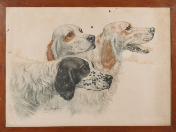 Léon DANCHIN.  "les trois chiens de chasse" Lithographie signée et num