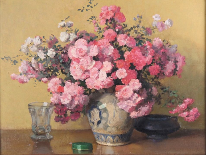 Maurice DESCAMPS.  "Bouquet de roses" Huile sur toile, signée en bas à
