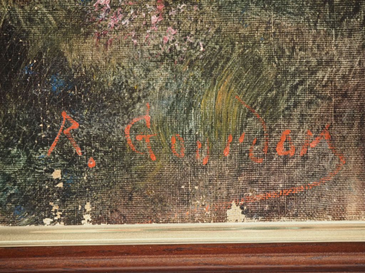 GOURDON.  "Paysanne cheminant dans la forêt" Huile sur toile, signée e