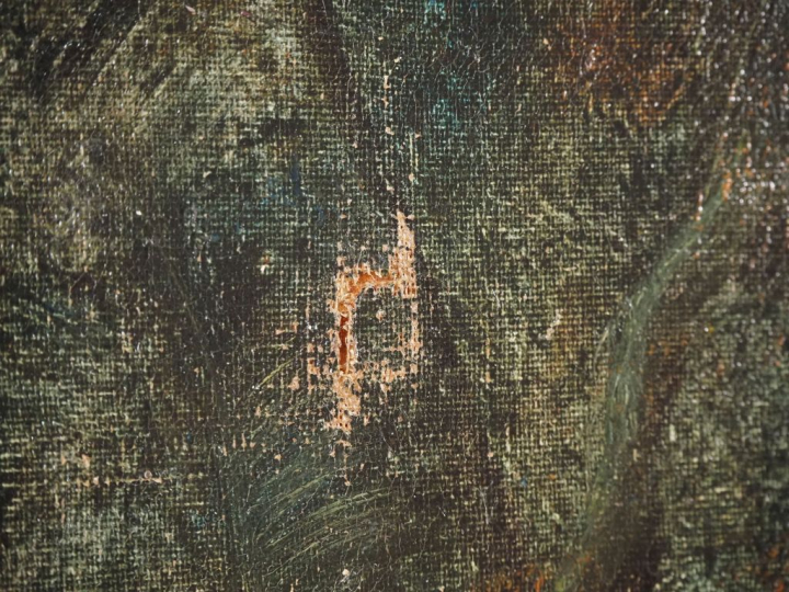 GOURDON.  "Paysanne cheminant dans la forêt" Huile sur toile, signée e