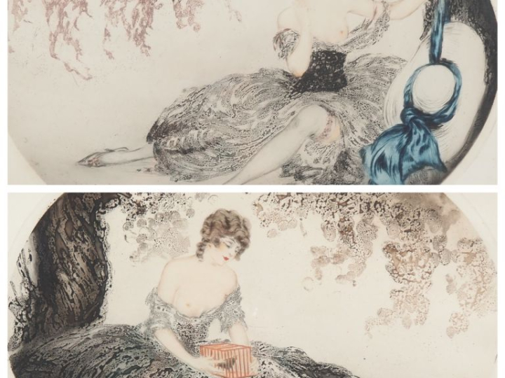 Louis ICART.  Paire d'eaux fortes en médaillon "jeunes femme", contres