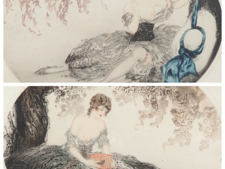 Vente aux enchères Louis ICART.  Paire d'eaux fortes en médaillon "jeunes femme", contres