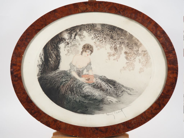 Louis ICART.  Paire d'eaux fortes en médaillon "jeunes femme", contres