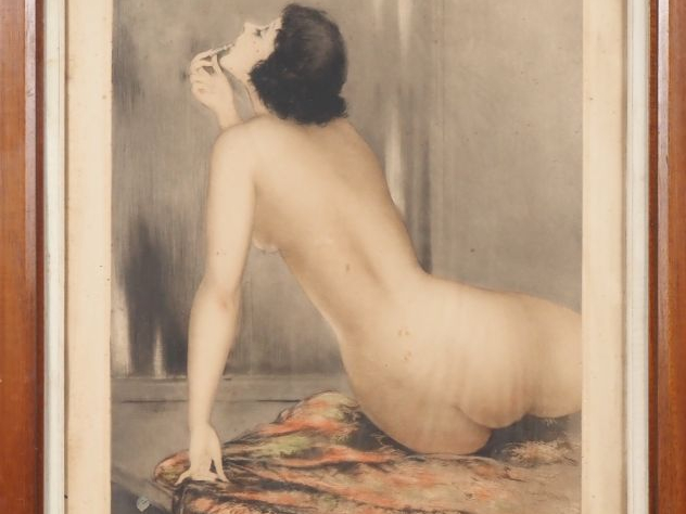 Louis ICART.  "nue de dos au rouge à lèvres" Lithographie en couleurs,