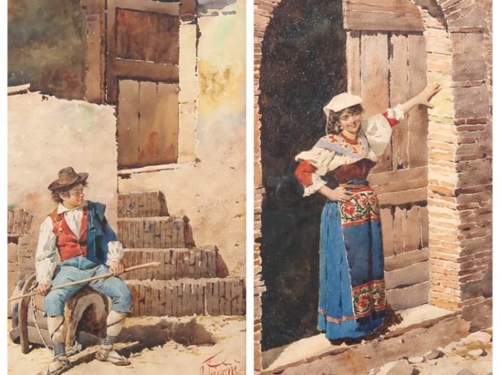 Filippo INDONI.  "paysans italiens" Paire d'aquarelles, signées en bas
