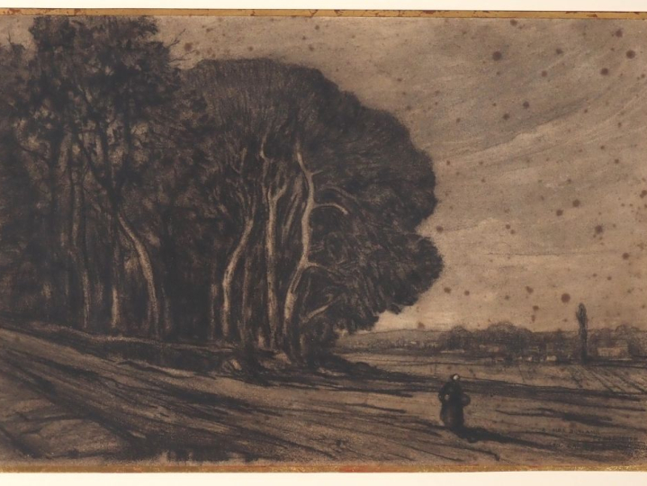 Léo LAPORTE BLAIRSY.  "paysanne en lisière de foret" Dessin au fusain,