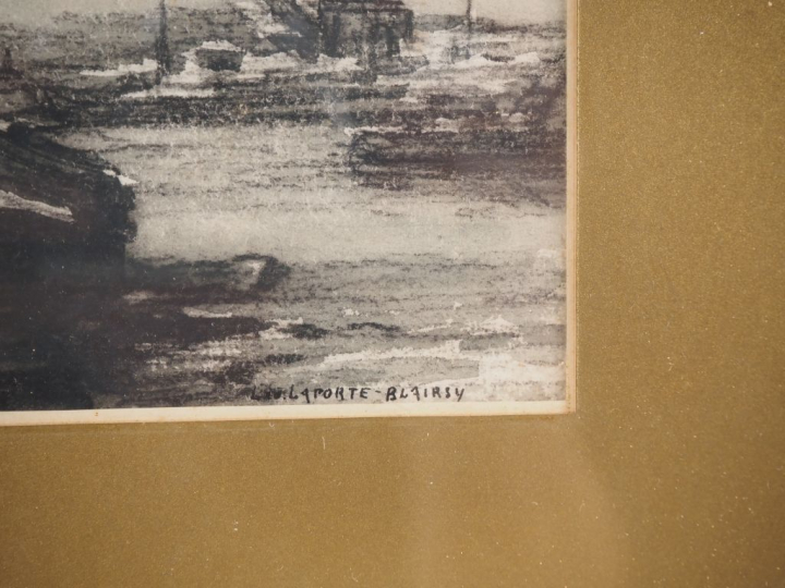 Léo LAPORTE-BLAIRSY.  "Péniche à quais" Lavis, signé en bas droite Dim